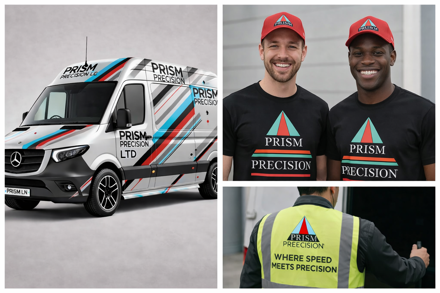 Prism Precision branded courier van and professional delivery team